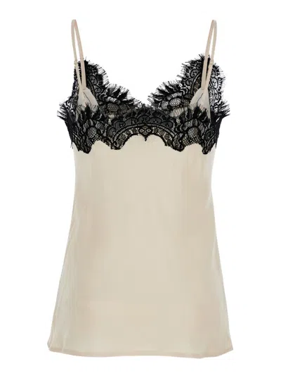 Shop Gold Hawk 'coco' Pearl White Camie Top With Black Lace Trim In Silk Woman In Beige