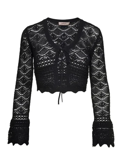 Shop Twinset Black Sweater With Open Knit Work In Viscose Blend Woman
