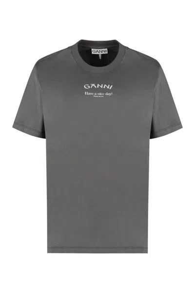 Shop Ganni Printed Cotton T-shirt In Grey