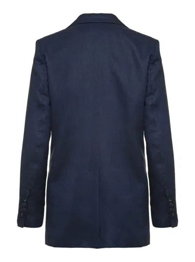 Shop Plain Blue Double-breasted Jacket In Linen Woman