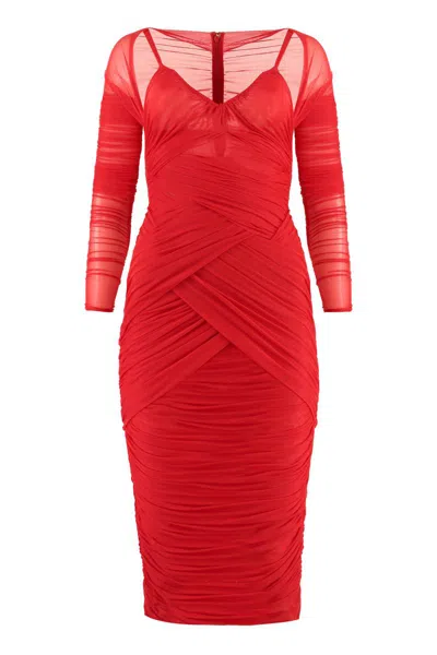 Dolce & Gabbana Draped Tulle Midi Dress In Red