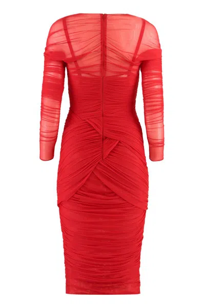 Dolce & Gabbana Draped Tulle Midi Dress In Red