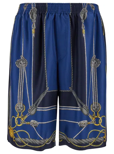 Shop Versace 'nautical' Blue Shorts With Barocco Print In Silk Man