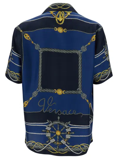 Shop Versace 'nautical' Blue Bowling Shirt With Barocco Print In Silk Man