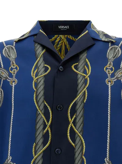 Shop Versace 'nautical' Blue Bowling Shirt With Barocco Print In Silk Man
