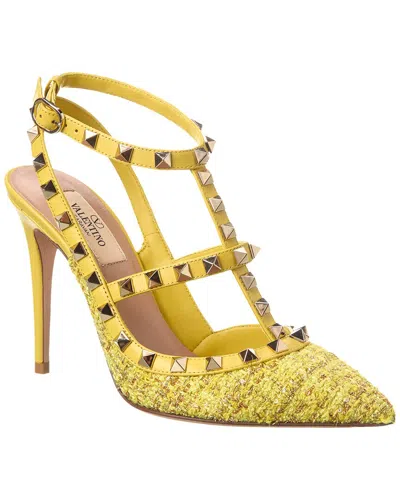 Shop Valentino Rockstud Caged 100 Tweed & Leather Pump In Yellow