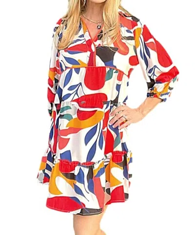 Shop Umgee Abstract Print A-line Collared Tiered Dress In Red Multi