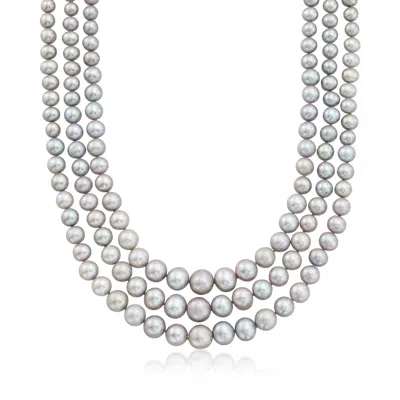 Ross-simons 6-11.5mm Gray Cultured Pearl Graduated 3-strand Necklace With 14kt Yellow Gold In Silver