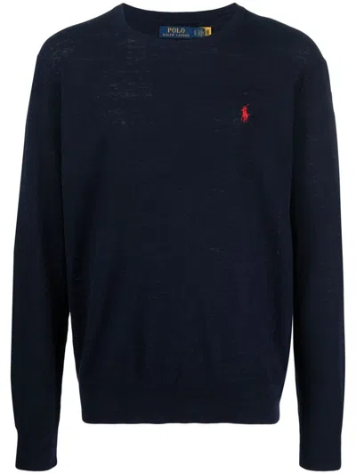 Shop Polo Ralph Lauren Cotton And Linen Blend Sweater With Embroidered Logo In Blue