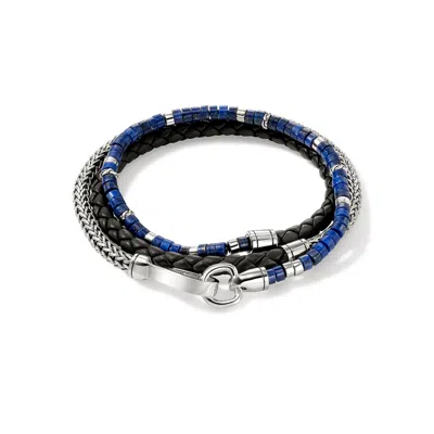 John Hardy Sterling Silver & Black Braided Leather Heishi Lapis Lazuli Beaded Triple Wrap Bracelet In Sterling Silver