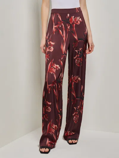 Shop Misook Floral Straight Leg Crepe De Chine Pants In Red