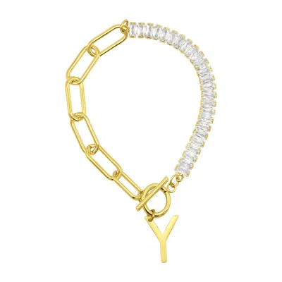Shop Adornia 14 Gold Plated Half Crystal And Half Paperclip Initial Toggle Bracelet In Silver