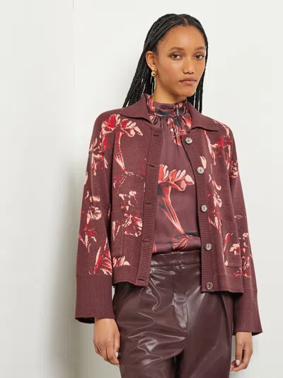 Shop Misook Floral Button Front Relaxed Knit Jacket In Red