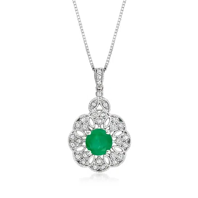 Shop Ross-simons Emerald And . Diamond Milgrain Pendant Necklace In Sterling Silver In Green