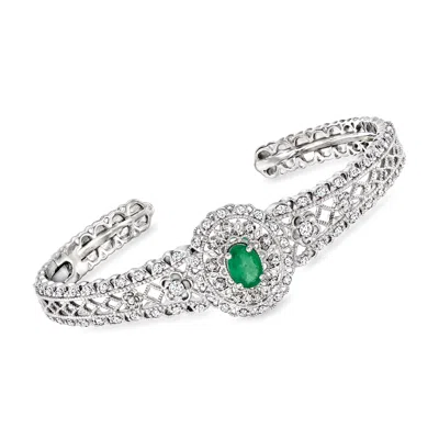 Shop Ross-simons Emerald And Diamond Cuff Bracelet In Sterling Silver In Green
