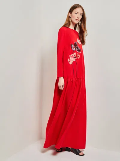 Shop Misook Placed Floral Drop Waist Twill Maxi Dress In Red