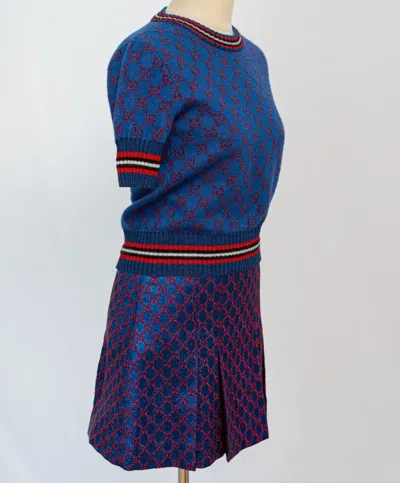 Pre-owned Gucci Navy Jacqured Red Sima Mini Pleated Skirt