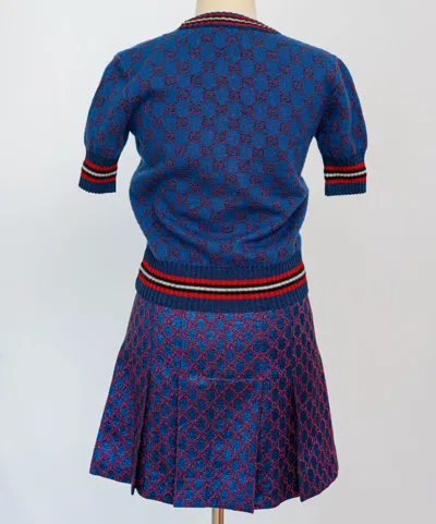 Pre-owned Gucci Navy Jacqured Red Sima Mini Pleated Skirt