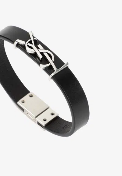 Shop Saint Laurent Cassandre Leather Bracelet In Black