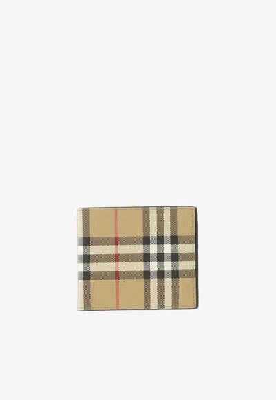 Shop Burberry Check Print Bi-fold Wallet In Calf Leather In Beige
