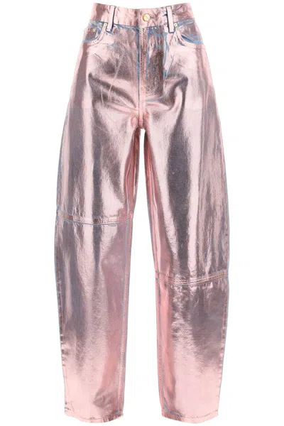 Shop Ganni Curved Leg Jeans In Foil Denim In Metallic, Pink