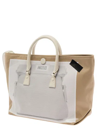 Shop Maison Margiela 'micro Trompe L'oeil 5ac' Beige And White Tote Bag With Logo Patch In Cotton Blend Woman