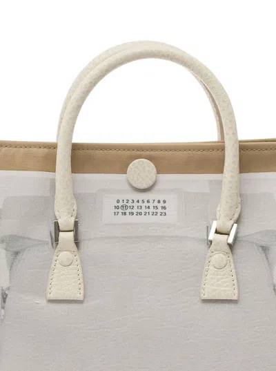 Shop Maison Margiela 'micro Trompe L'oeil 5ac' Beige And White Tote Bag With Logo Patch In Cotton Blend Woman