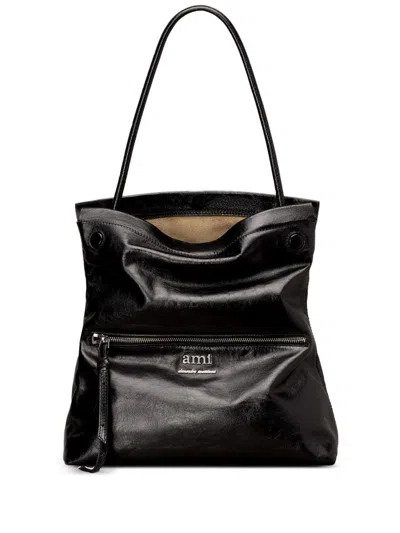 Shop Ami Alexandre Mattiussi Ami Paris Grocery Leather Tote Bag In Noir