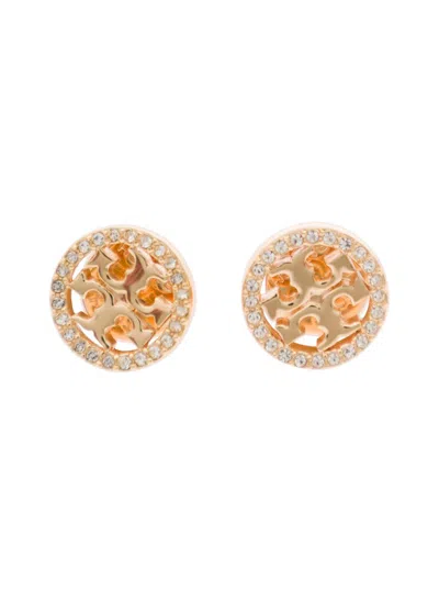 Shop Tory Burch Gold Earrings With Logo Detail And Rhinestone In Brass Woman In Grey