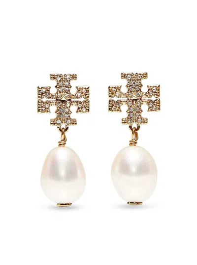 Shop Tory Burch Gold-colored Earrings With Crystal Pavè And Pearl Pendanti In Brass Woman In Grey