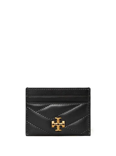 Shop Tory Burch 'kira' Black Card-holder With Double T Detail In Matelassé Chevron Leather Woman