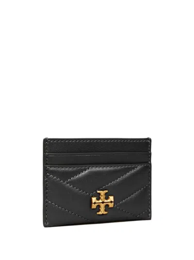 Shop Tory Burch 'kira' Black Card-holder With Double T Detail In Matelassé Chevron Leather Woman