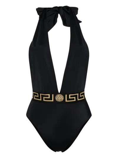 Shop Versace One-piece Swimsuit With Greca Details In Black