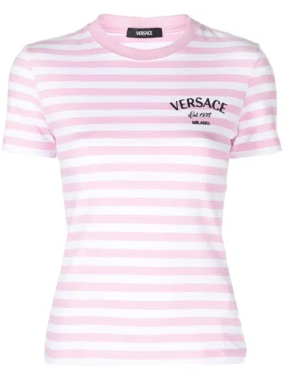 Shop Versace Striped T-shirt In Bianco E Rosa