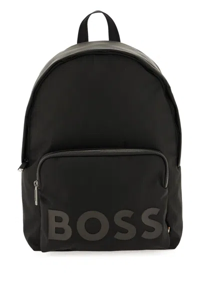 Shop Hugo Boss Recycled Fabric Backpack With Rubber Logo In Black