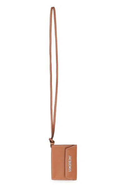 Shop Jacquemus Leather Wallet With Strap In Saddle Brown