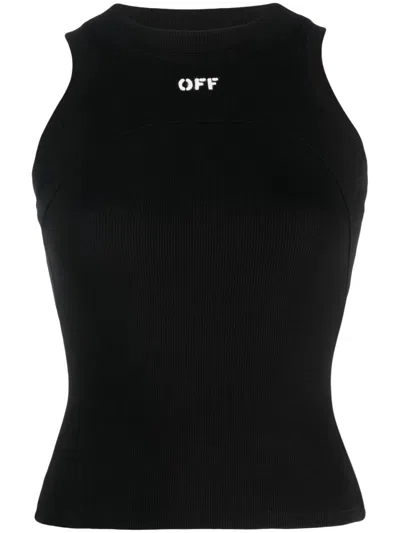 Shop Off-white Off White Logo-print Ribbed-knit Tank Top In Black White