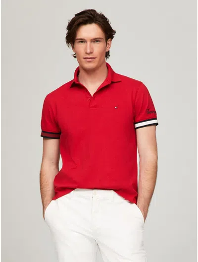 Shop Tommy Hilfiger Men's Slim Fit Flag Cuff Polo In Red