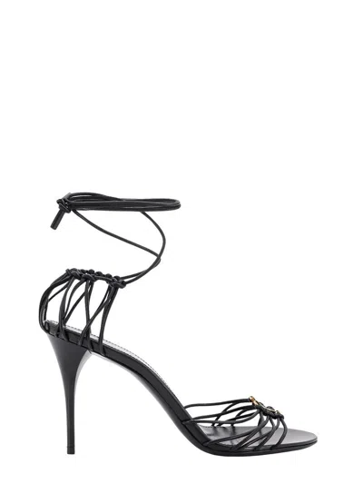 Saint Laurent 90mm Babylone Cassandre-plaque Leather Sandals In Black