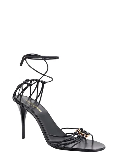 Saint Laurent 90mm Babylone Cassandre-plaque Leather Sandals In Black