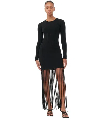 Shop Ganni Black Knitted Dress With Fringes