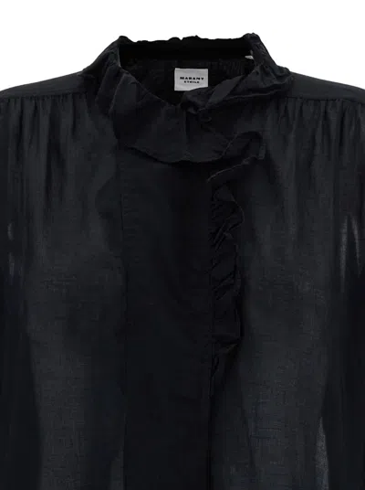Shop Isabel Marant Étoile Relaxed Black Blouse With Volant In Semi-sheer Cotton Woman