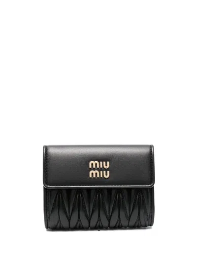 Shop Miu Miu Quilted Leather Wallet With Logo In Black