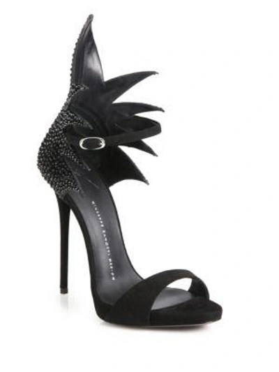 Shop Giuseppe Zanotti Crystal-studded Jagged Suede Sandals In Black