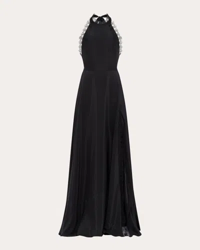 Azeeza Women's Maitreyi Lace-trimmed Silk-charmeuse Halterneck Gown In Black
