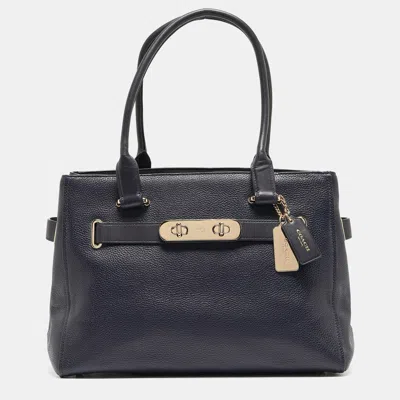 Shop Coach Navy Leather Swagger 33 Tote In Blue
