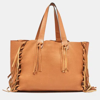 Shop Valentino Pebbled Leather Fringe C-rockee Tote In Brown