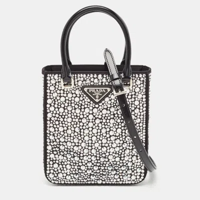 Shop Prada Satin And Leather Small Crystal Embellished Tote In Black