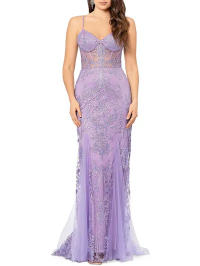 Shop Blondie Nites Juniors Womens Illusion-waist Corset Evening Dress In Purple