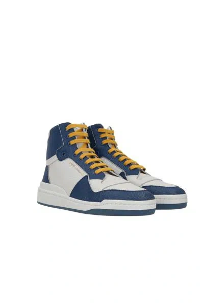 Saint Laurent High Top Lace Up Sneakers In Off White + Navy